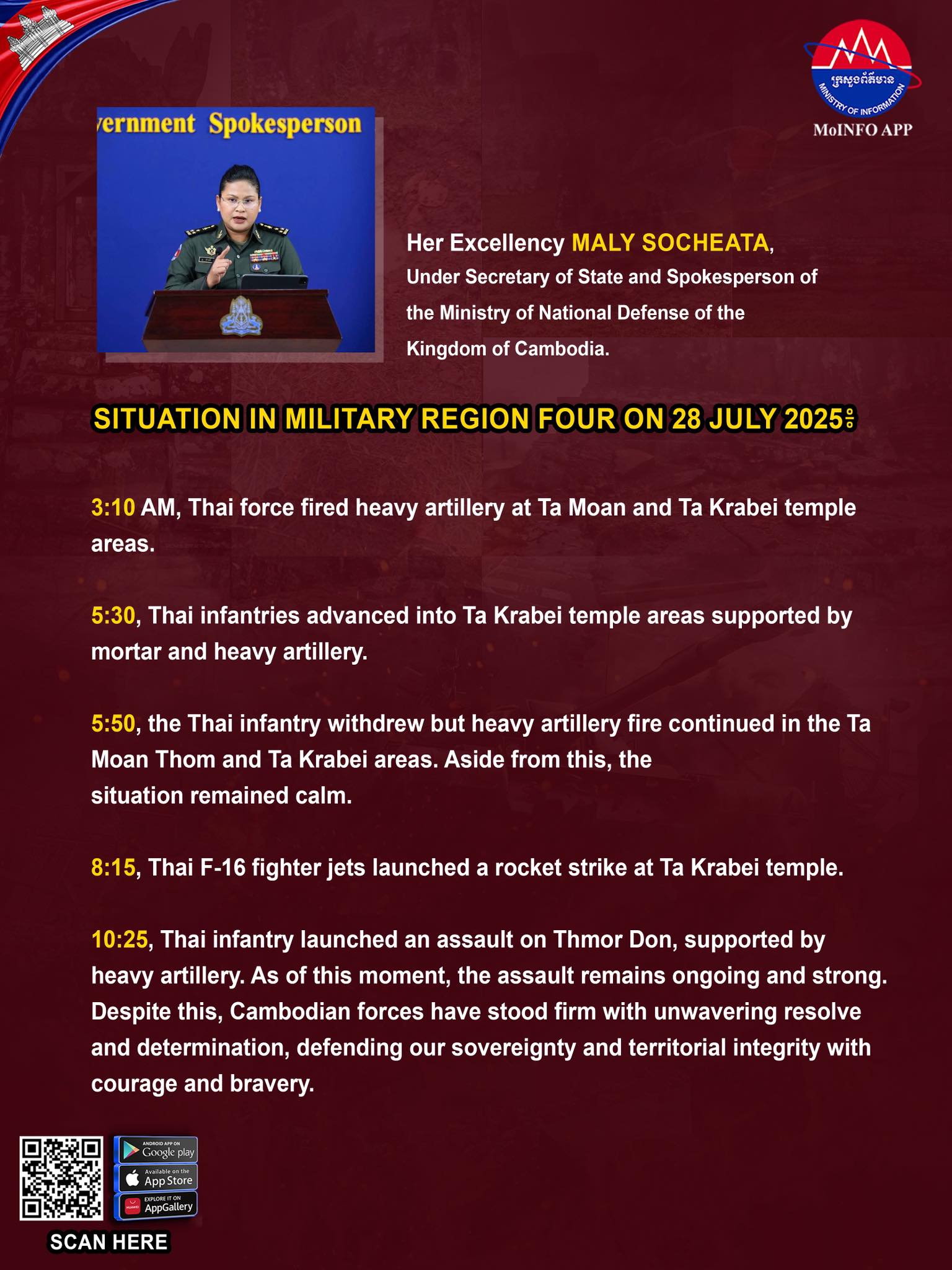 28th -Thai force fired heavy artillery at Ta Moan and Ta Krabei temple areas.